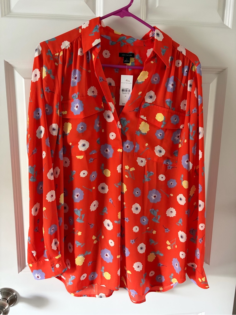 Ann Taylor Bright orange Floral Button-Up Blouse